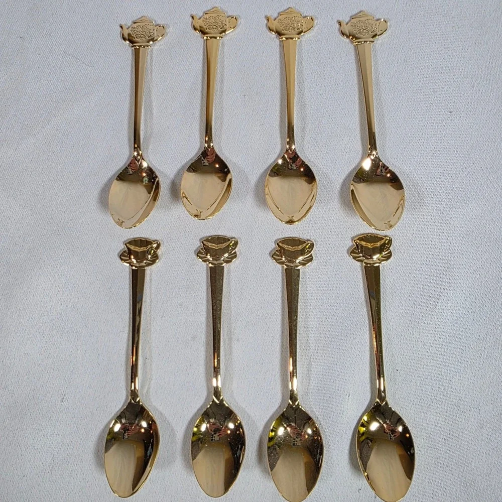 Vintage HIC Japan Gold-tone Stainless Teapot Teacup Demitasse Spoons Set of 8